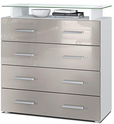 Vladon Sideboard Pavos V2, Kommode mit 4 Schubladen und Glasablage, Weiß matt/Sandgrau Hochglanz (76 x 81 x 35 cm)