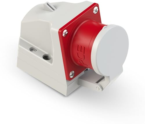 PCE 525-6d CEE-Wandgerätestecker 32A 5p 6h IP44 - CEE-Aufbaugerätestecker | Abgewinkelter CEE-Stecker mit Klappdeckel - 400V Industriestecker für Baustelle und Outdoor - Spritzwassergeschützt IP44