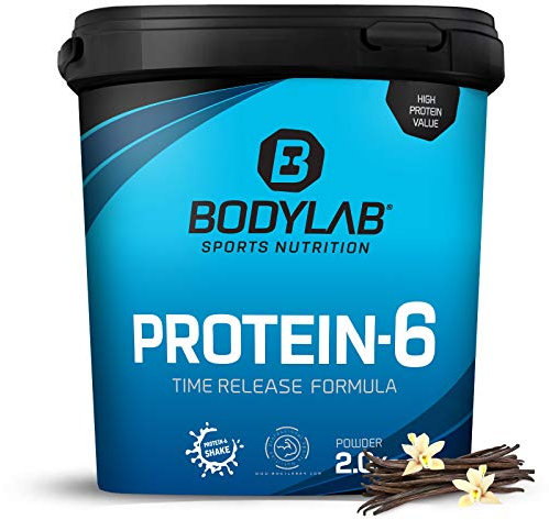 Bodylab24 Protein-6 Vanille 2kg / Mehrkomponenten Protein Vanille, Eiweißpulver aus 6 hochwertigen Eiweiß-Quellen / Protein-Shake für Muskelaufbau