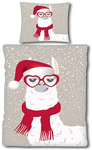 Unbekannt 2-TLG. Fleece Bettwäsche 135x200 + 80x80cm, Motiv: Lama mit Schal, Microfaser, Winterbettwäsche(60338)