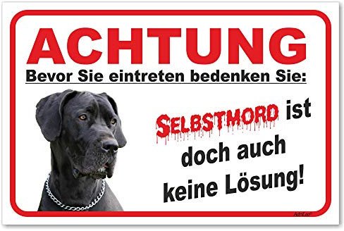 AdriLeo Schild - Vorsicht Deutsche Dogge - Selbstmord - (20x30cm) / Graues Fell Achtung Hund Wachhund deutscher Hund robust langlebig UV-beständig wetterfestes Warnschild