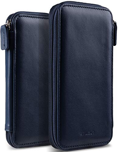 STILGUT Handytasche kompatibel mit iPhone 13 Mini, iPhone SE 2022 und andere Smartphones bis 5,4“, Handyhülle aus Leder mit Reißverschluss, Gr. S - Dunkelblau Nappa