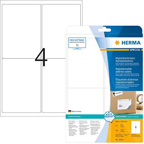 HERMA 10019 Universal Etiketten blickdicht ablösbar, 25 Blatt, 99,1 x 139 mm, 4 pro A4 Bogen, 100 Stück, selbstklebend, bedruckbar, matt, blanko Papier Klebeetiketten Aufkleber, weiß