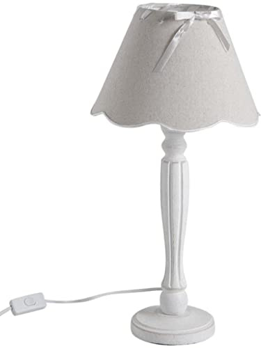 AUBRY GASPARD - Lampe à Poser Bois Blanc Métal - Abat-Jour Coton Taupe - Pied Sculpté - Ø 25 cm x H 50 cm - Ampoule E27 (Non Incluse) - Système Électrique Inclus - Poids 0,83 kg