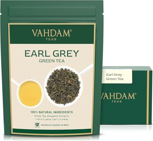 VAHDAM, Earl Grey Green Tea (100g) Aromatisch & Köstlich, Premium Grüner Tee aus Darjeeling, Gemischt mit Natürlichem Bergamotte Extrakt | Direkt Von Der Quelle In Indien | Aufbrühen Heißen/Eistee