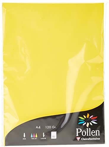 Clairefontaine 4217C - Étui de 50 Feuilles - Format A4 (21x29,7cm) - 120g/m² - Coloris Jaune Soleil - Papier d'Invitation Evènements et Correspondance - Gamme Pollen - Papier Premium Lisse