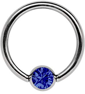Titan Ring in 1,2 x 9 mm als Lippenbändchen Piercing mit flachem Stein in 4 mm Ø, dunkelblau