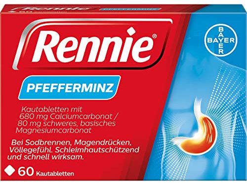Rennie Pfefferminz lindern Sodbrennen und säurebedingte Magenbeschwerden, 60 Kautabletten