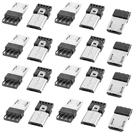 sourcing map Micro USB Male Type B 5-Pin Jack Port Solder Connector, 10 Pcs Metal 15mm Long USB Straight Solder Adapter for Repair Replacement, DIY, Silver Tone