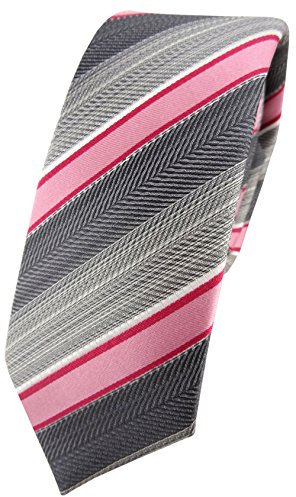 TigerTie schmale Seidenkrawatte in rosa rot grau silber anthrazit gestreift - Krawatte 100% Seide