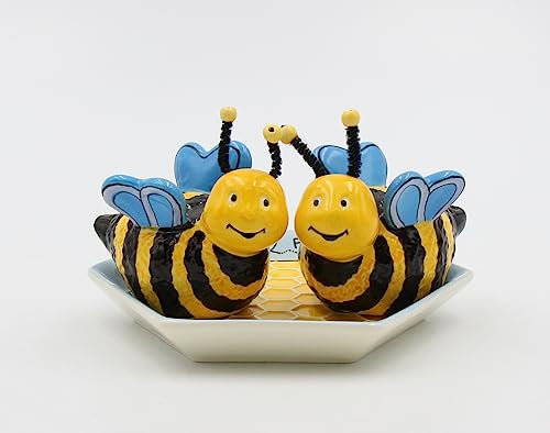 Appletree 2-Inch Ceramic Bee Salt and Pepper with Honeycombed Tray