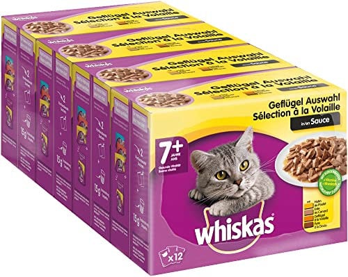 Whiskas 7 + Katzenfutter – Geflügel-Auswahl in Sauce – Hochwertiges Katzenfutter ab dem 7. Lebensjahr und älter – 48 Portionsbeutel à 100g