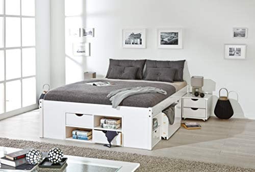 Inter Link - Funktionsbett - Bett mit Schubladen - Doppelbett 140 x 190 cm - 2 Große und 4 kleine Schubladen - Nachtkommode - Kiefer massivholz - Inkl Lattenrost - Weiß lackiert - Till