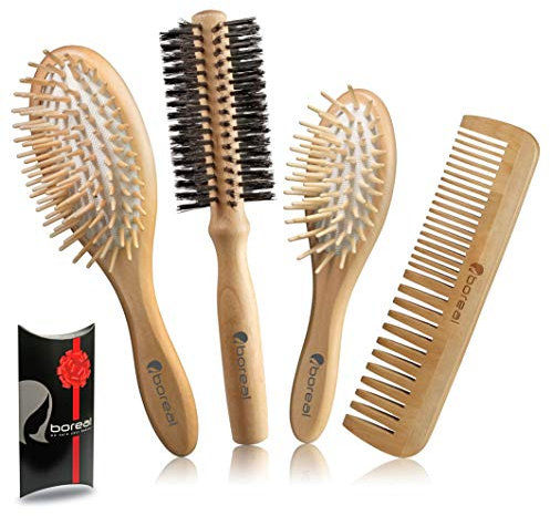Set brosse cheveux pinceau bois naturel constitué de: brosse pneumatique gros model, brosse pneumatique petite pour pochette, une brosse rouleau à poils de diamètre 57 mm, peigne.