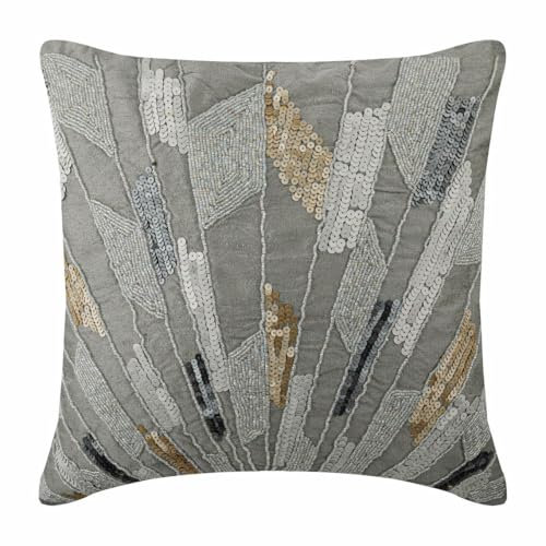 The HomeCentric Handgefertigt Silber Dekorative Kissenbezug, Geometrische Pailletten Und Perlen Glitter Kissen Decken, Kissenbezuge 40x40 cm, Platz Seide Kissen Decken, Art Deco - Silver Glamor