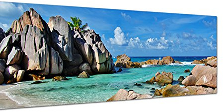 Augenblicke Wandbilder Leinwandbild als Panorama in 150x50cm Seychellen Strand Meer Felsen