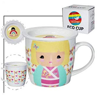 lachineuse - Tasse Kokeshi - Tasse Poupée Kokeshi avec Couvercle - Mug à Thé Japonais - En Porcelaine - Idée Cadeau Japon Asie - Style Kawaii - Papillon, Fleurs - Vaisselle Japonaise - Coloris Blanc
