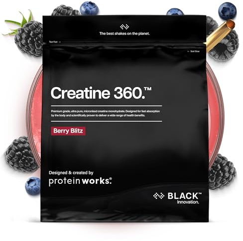 Protein Works | Creatine 360 - Black, Berry Blitz, 62 Servings, 250g | Creatine Monohydrate, 100% Purity, 200 Mesh Ultra Fine Micronised Creatine Powder, Instant Mixability, Premium Grade