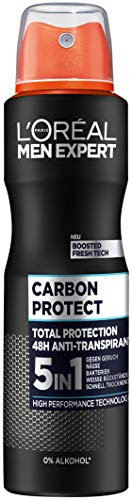 L'Oréal Men Expert Deo für Männer, 5-in-1 Deospray gegen Geruchsbildung, Nässe, Bakterien und weiße Rückstände für bis zu 48 Stunden Frische, Carbon Protect, 6 x 150 ml