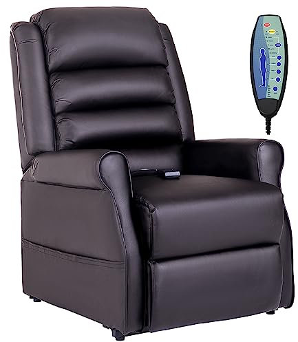 HOMCOM Sessel mit Aufstehhilfe, Massagesessel mit Liegefunktion, Relaxsessel mit Becherhalter, Aufstehsessel mit Fernbedienung, Heizfunktion, aus Kunstleder, Braun