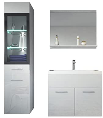 Badezimmer Badmöbel Set Rio LED 60cm Waschbecken Hochglanz Weiß Fronten - Unterschrank Hochschrank Waschtisch Möbel