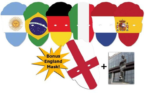 Mask Pack - World Football Tournament Cup Contenders Flags card Party Mask Pack of 6 + bonus England Flag Party Mask - includes 6x4 inch (15cm x 10cm) Star Photo