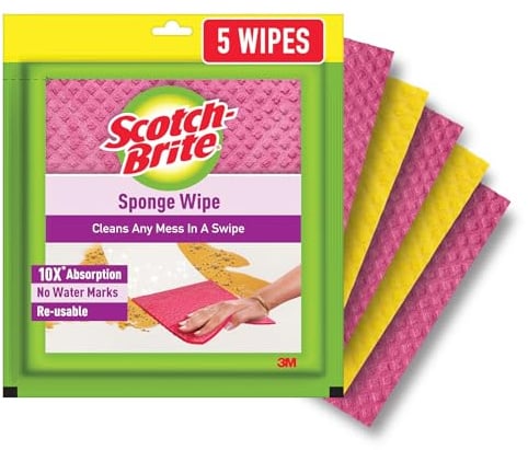 Scotch-Brite Sponge Wipes- Reusable, Kitchen and House Cleaning- Easy to use, Cleans any mess in a swipe, Absorbs water its own 10x weight, Multi- color, Biodegradable (pack of 5)
