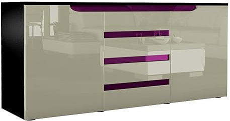 Vladon Sideboard Sylt V1, Kommode mit 2 Türen und 4 Schubladen, Korpus - Anthrazit matt/Front - Sandgrau Hochglanz/Absetzung - Brombeer Hochglanz (138,5 x 75,5 x 35 cm)