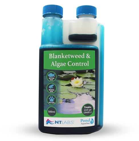 NT Labs Pond Aquaclear Algae & Blanketweed Control (500ml Treats 28,400L) | Long-lasting blue dye restricts sunlight penetration & filters out UV light to stop the growth of green pond algae.