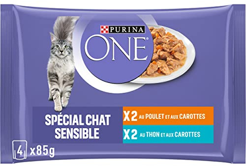 Purina One Schliff in Sauce, Mahlzeit für ausgewachsene Katzen, Hähnchen + Thunfisch, 12 (4 x 85 g)
