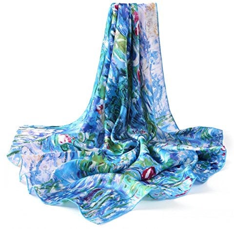 Prettystern Damen Handrolliert Seiden-tuch blau Umschlag-Tuch Blau 90 Cm Monet 100% Seide - Wasserlilien P773