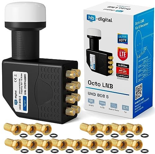 hb-digital Octo LNB - Test SEHR GUT* - für 8 Teilnehmer LTE Filter 8-Fach Full HD 4K 0.1dB mit Wetterschutz + 16x F-Stecker für TV Fernseher SAT Receiver Satellitenschüssel - Schwarz