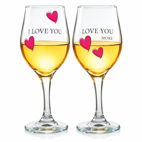 BANBERRY DESIGNS His and Hers Gifts - Wine Glass Set - I Love You, Love You More - Set of 2 - Sweethearts Wine Glasses with Decorative Hearts - Romantic Glassware - 7 3/4 H - 12 oz Capacity