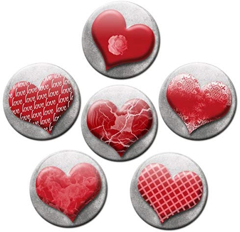 Magnete Vintage Herzen 6er Valentin Deko Geschenk Set Kühlschrankmagnete romantisch für Verliebte Paare stark groß 50mm rund Rot