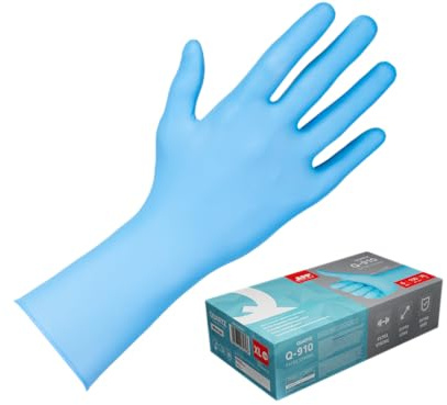 APP QUARTZ Q910 - Gants nitrile jetables longs 6 mil, taille XL,100 pièces | Renfort doigts, sans poudre, Boîte de 100 pièces, couleur Bleu, Manchette 305 mm