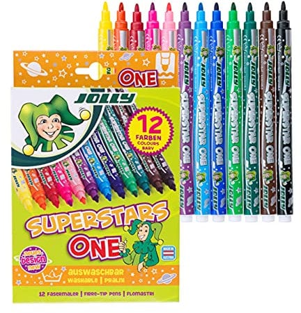 JOLLY Superstar ONE Fasermaler, 12 Stück Hochwertige Filzstifte, Auswaschbare Tinte, Dicke Spitze, leuchtende Farben
