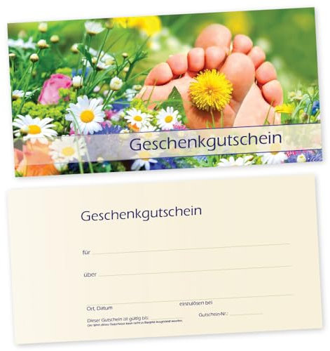 cosmeticPlus 50 Fußpflege – Gutscheinkarten SOMMERWIESE mit weißtransparenten Umschlägen Gutscheine Geschenkgutscheine