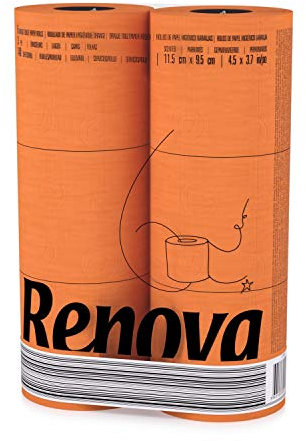 Renova 6 Pack Orange Toilet Paper Orange Luxurious Soft and Absorbent Bathroom Tissue – 6 Roll Pack with 140 Sheets Per Roll, Dermatologically Tested, Colorfast Design, Premium Quality Virgin Pulp