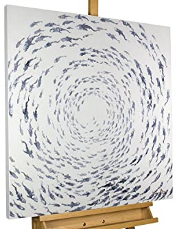 KunstLoft Leinwandbild | 100% HANDGEMALT | 80x80cm | Gemälde 'Im Sog des Fischschwarms' | Fische & Meerestiere | Grau Weiß | Wandbild Wohnzimmer gerahmt