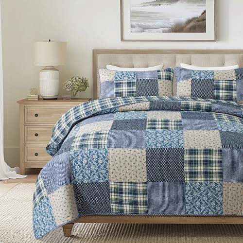 SLPR Blue Symphony Baumwoll-Steppdecken-Set – King-Size-Bett mit 2 Kissenbezügen, Bauernhaus-Patchwork, Gesteppte Tagesdecke mit Karo- und Karomuster, leichte und gemütliche Landhaus-Bettwäsche