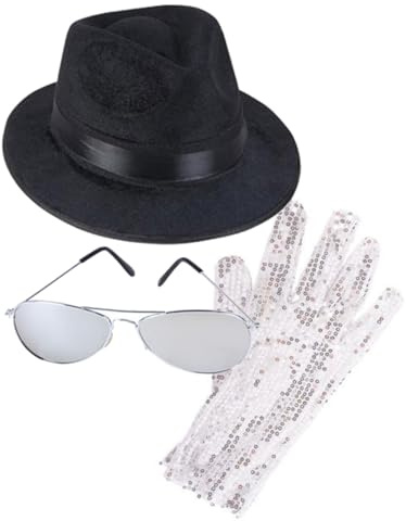 Rhode Island Novelty MJ Michael Jackson Kostüm-Set mit Fedora-Hut, Handschuh und Sonnenbrille, Schwarz, Weiß und Silber, EinheitsgröÃŸe
