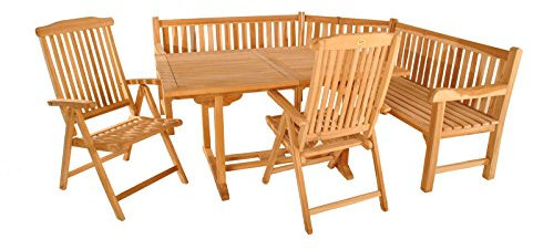 SAM 4tlg. Gartengruppe Madera, Teak-Holz Gartenmöbel, 1 x Ausziehtisch + 2 x Hochlehner Aruba + 1 x Eckbank