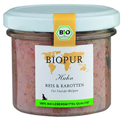 Premium Hundefutter mit Huhn, Reis und Karotten Bio Alleinfuttermittel für Welpen, 12er Pack (12 x 100 g)