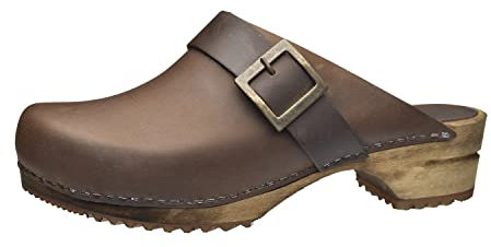 Sanita Urban Offener Clog | Original handgemacht | Leder-Holzclogs für Damen | Dunkelbraun | EU 35