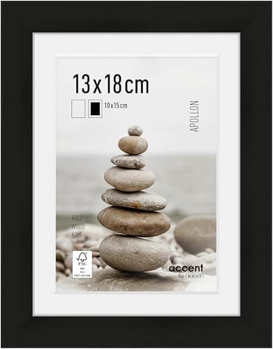 accent by nielsen Bilderrahmen mit Passepartout, 13 x 18 cm, Holz, Schwarz, Fotorahmen zum Auftstellen und Aufhängen im Hoch- & Querformat, Echtglas, Apollon