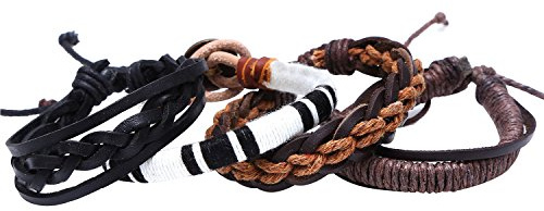 DonDon Herren Lederarmband und Stoffarmband Set 4 geflochtene Armbänder schwarz braun weiß