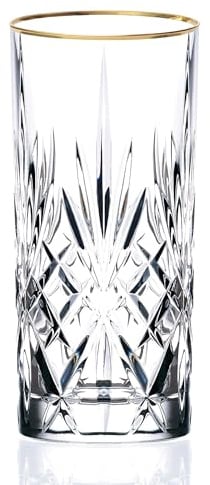 Lorren Home Trends Siena Collection Crystal Water Beverage or Ice Tea Glass with Gold Band Design, Set of 4,12 ounces
