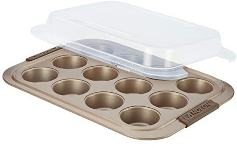 Anolon 12 Cup Advanced Bronze Nonstick Bakeware Muffin Pan with Silicone Grips, Brown