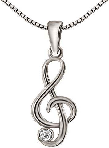 CLEVER SCHMUCK Halskette Notenschlüssel Anhänger Silber 20 mm mit Violinschlüssel Zirkonia & Veneziakette 42 cm Sterling 925 Musiker Geschenk in Geschenkfaltbox