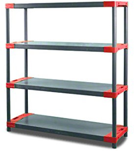 MODO24 Jupiter-4 Plastikregal, Kunststoffregal mit 4 Fachböden, freistehend, Wetterfest, Steckregal, Werkstattregal, Kellerregal, Lagerregal für Garage, Abmessungen 138x100x42 cm, Farbe: Grau-Rot